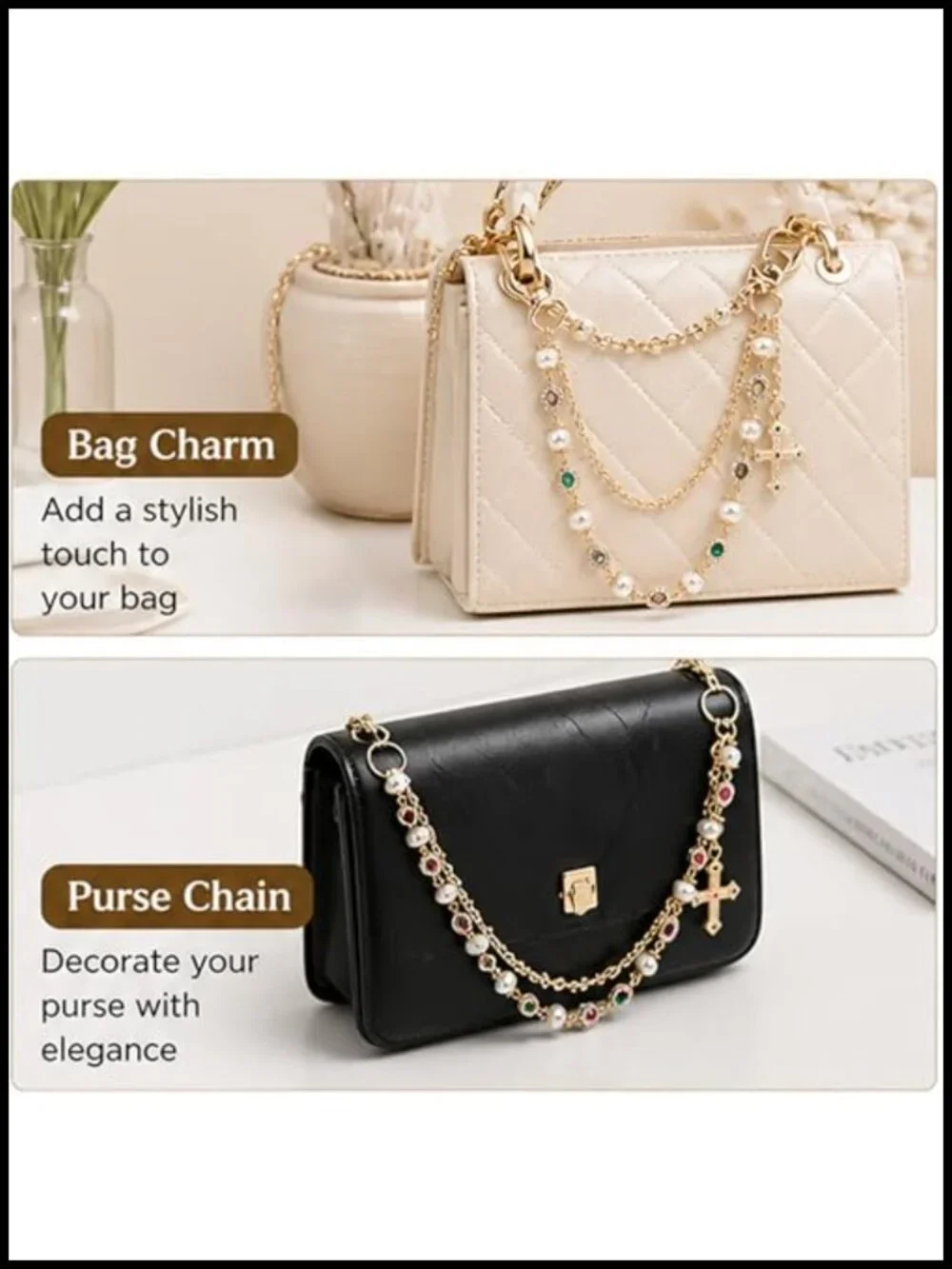 Layered Pearl Wallet Chain with Cross Charm, Purse Keychain